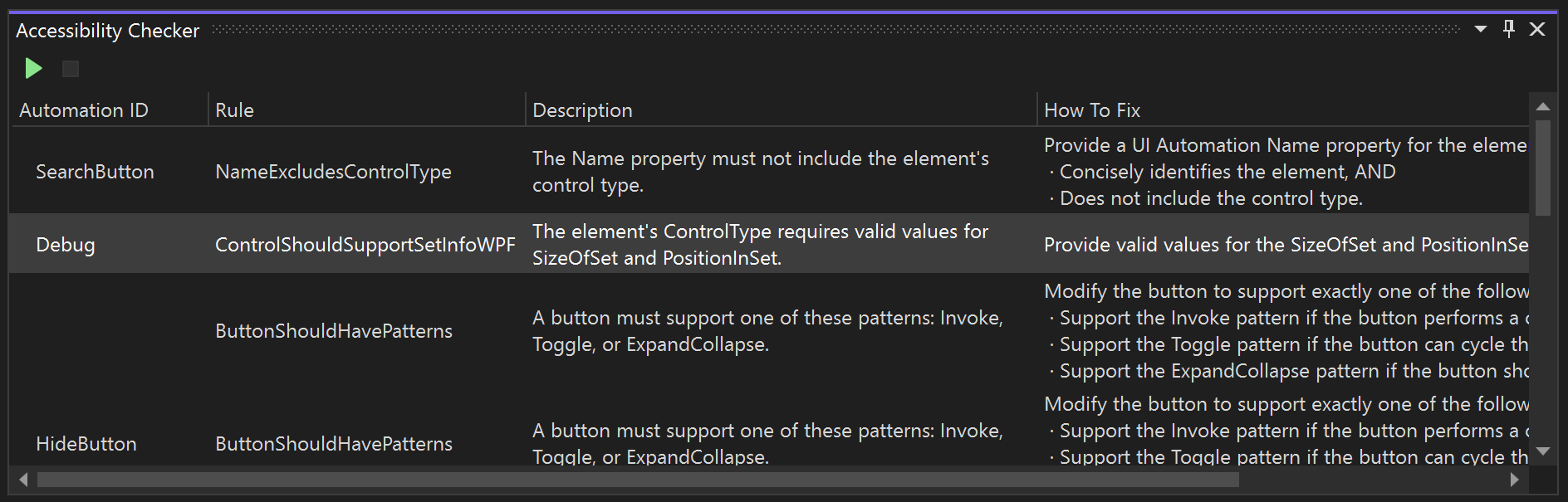 Screenshot of the Accessibility Checker in Visual Studio