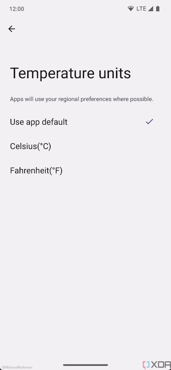 Temperature units Android 14 regional preferences