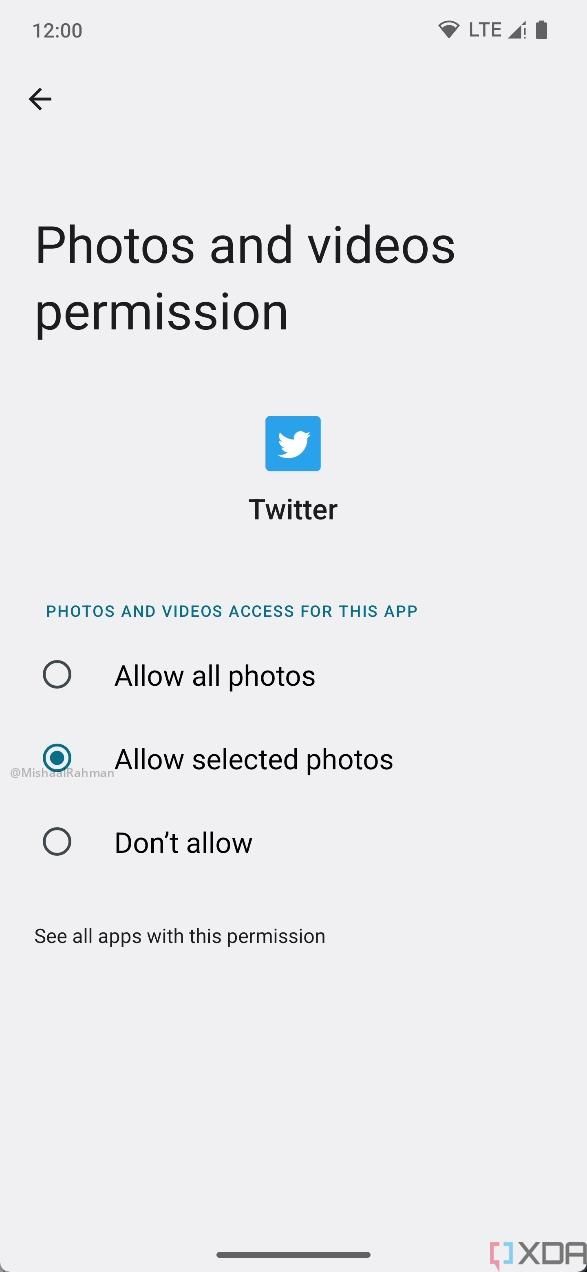 Photos and videos permission for the Twitter app on Android 14, showing that "allow selected photos" is enabled