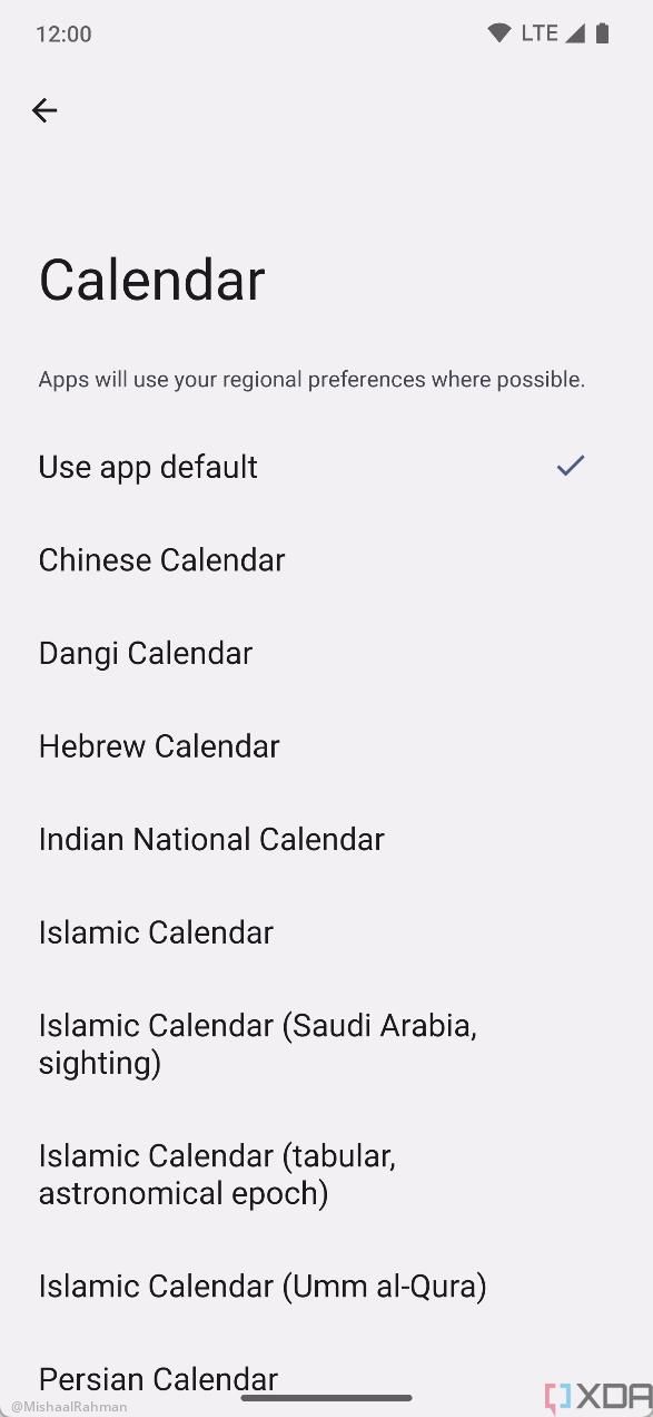 Calendar Android 14 regional preferences