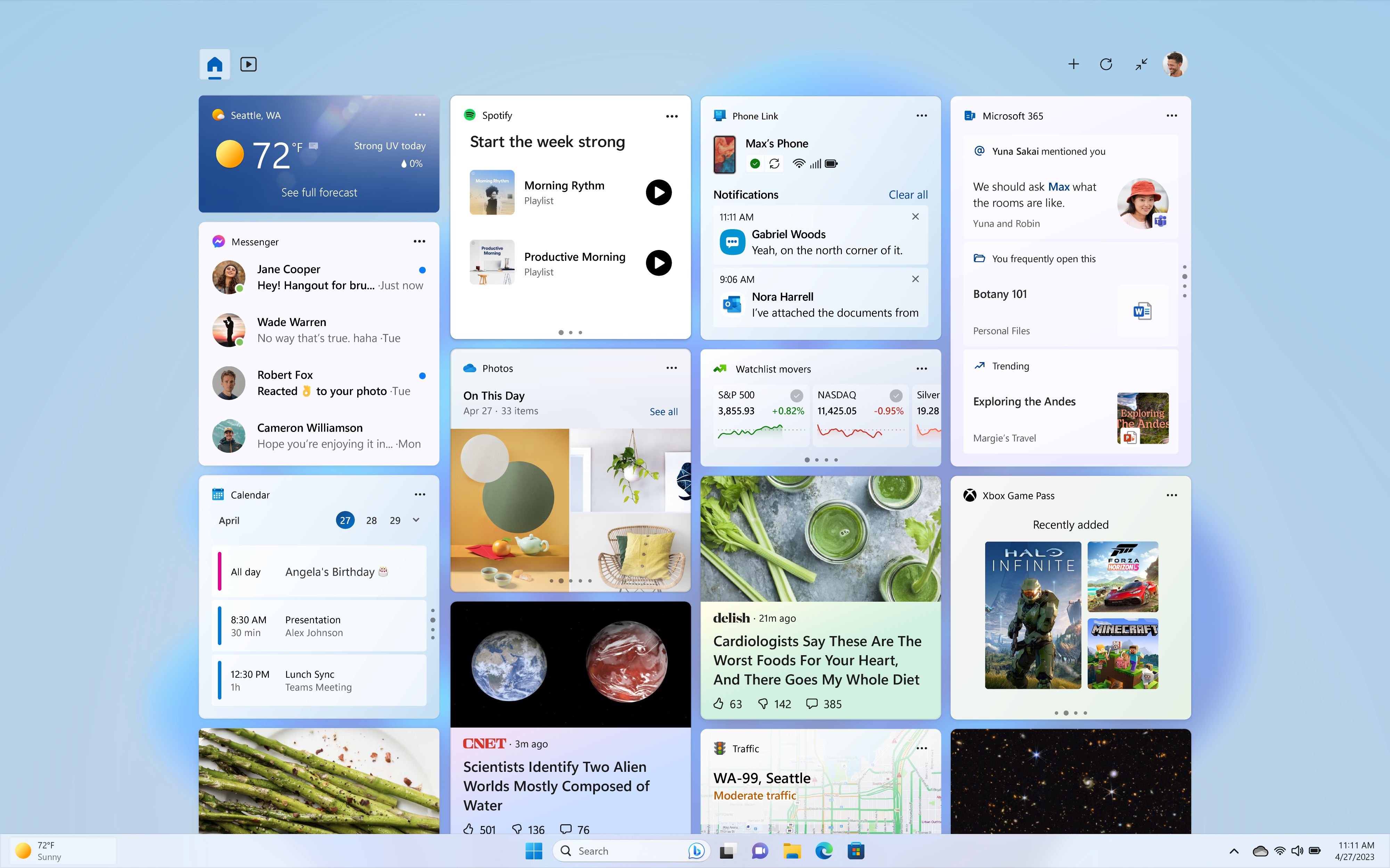 Screenshot of the Widgets panel in Windows 11 with new widgets from apps