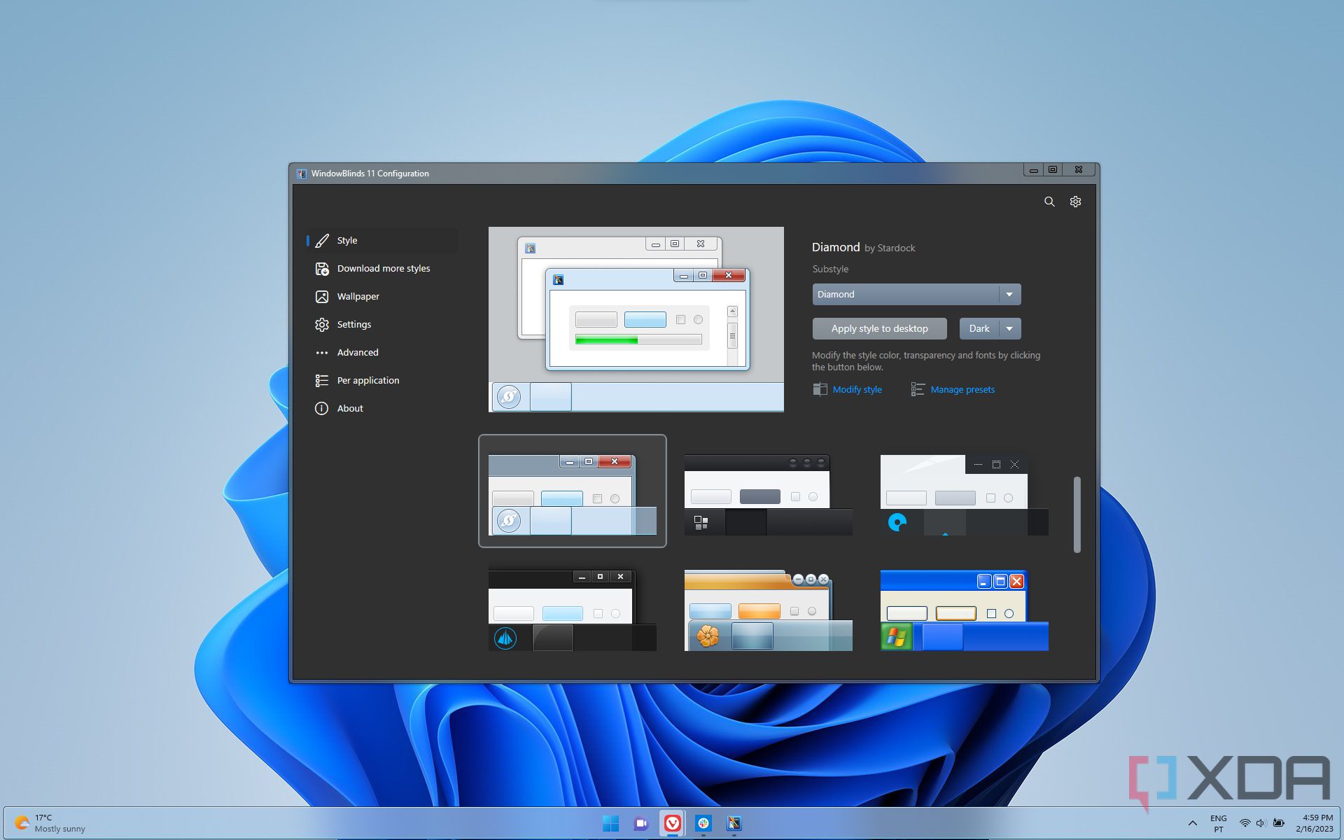 Screenshots of Windows 11 desktop with the Diamond theme from WindowBlinds applied