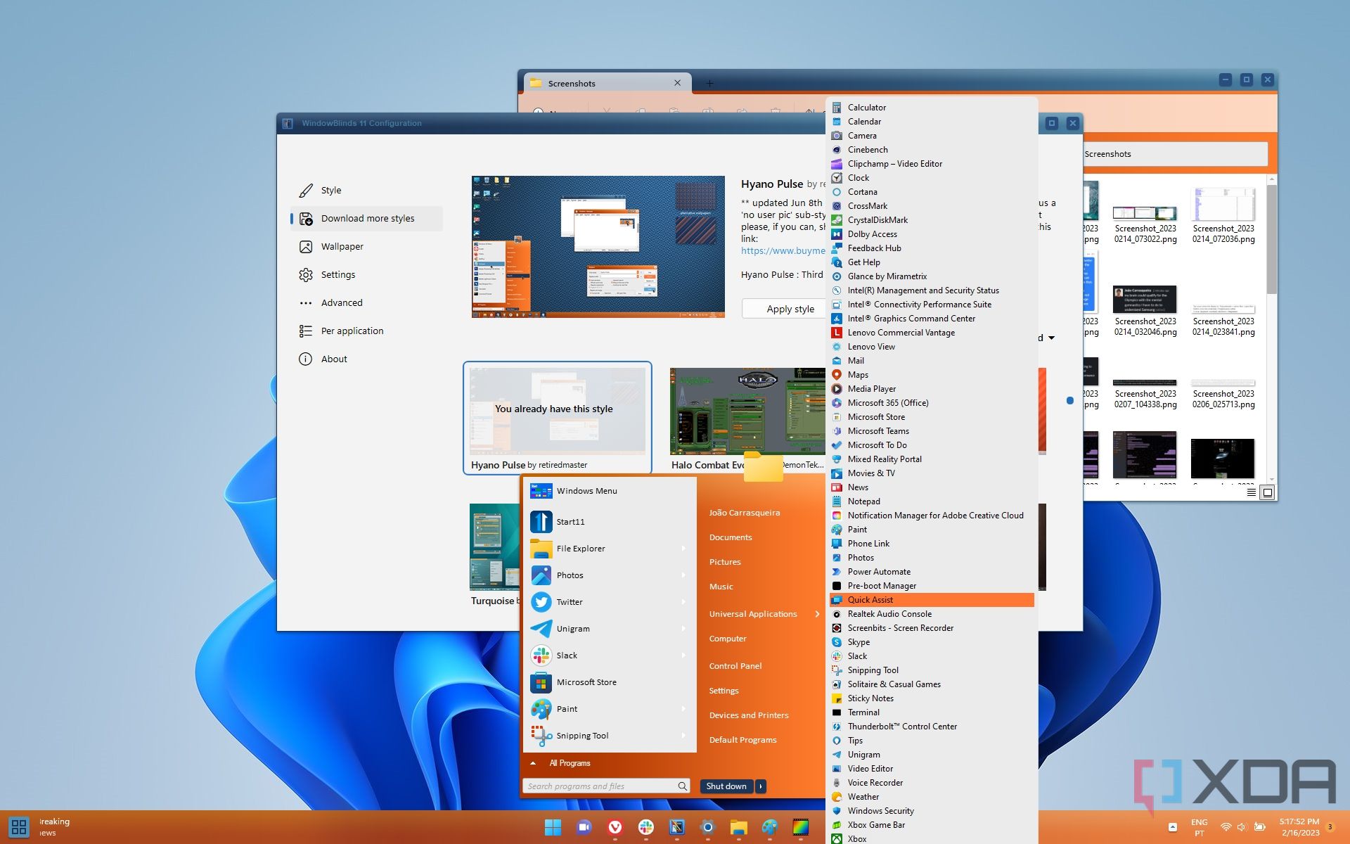 Screenshot of Windows 11 with the Start11 Start menu and an orange WindowBlinds theme applied.