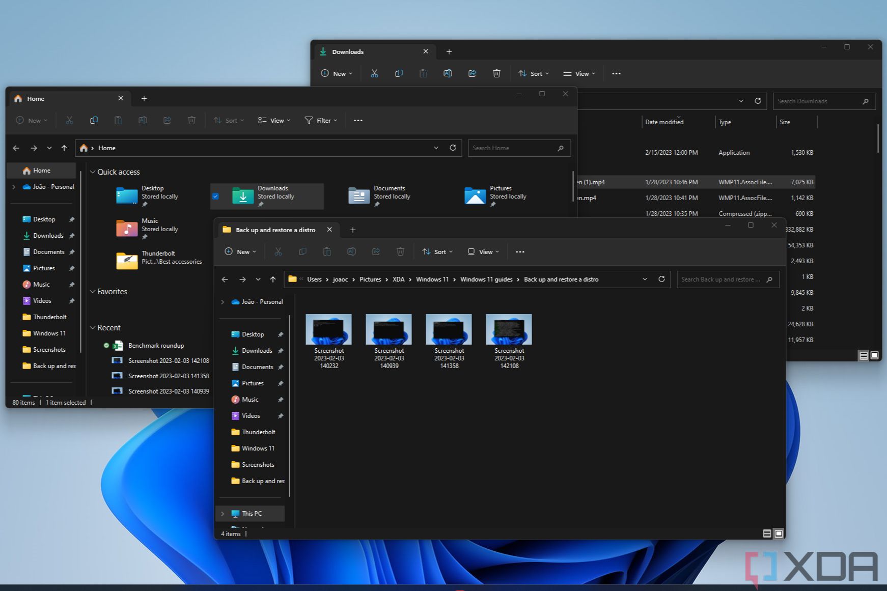 Screenshot of three open Windows 11 File Explorer windows, each with a single tab