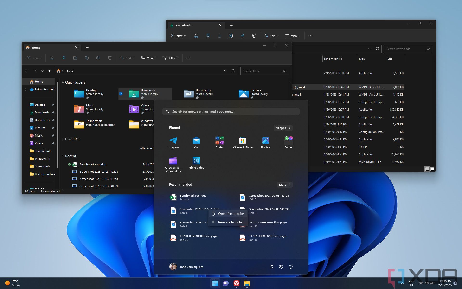 Screenshot of the Windows 11 Start Menu with context menu showing File 