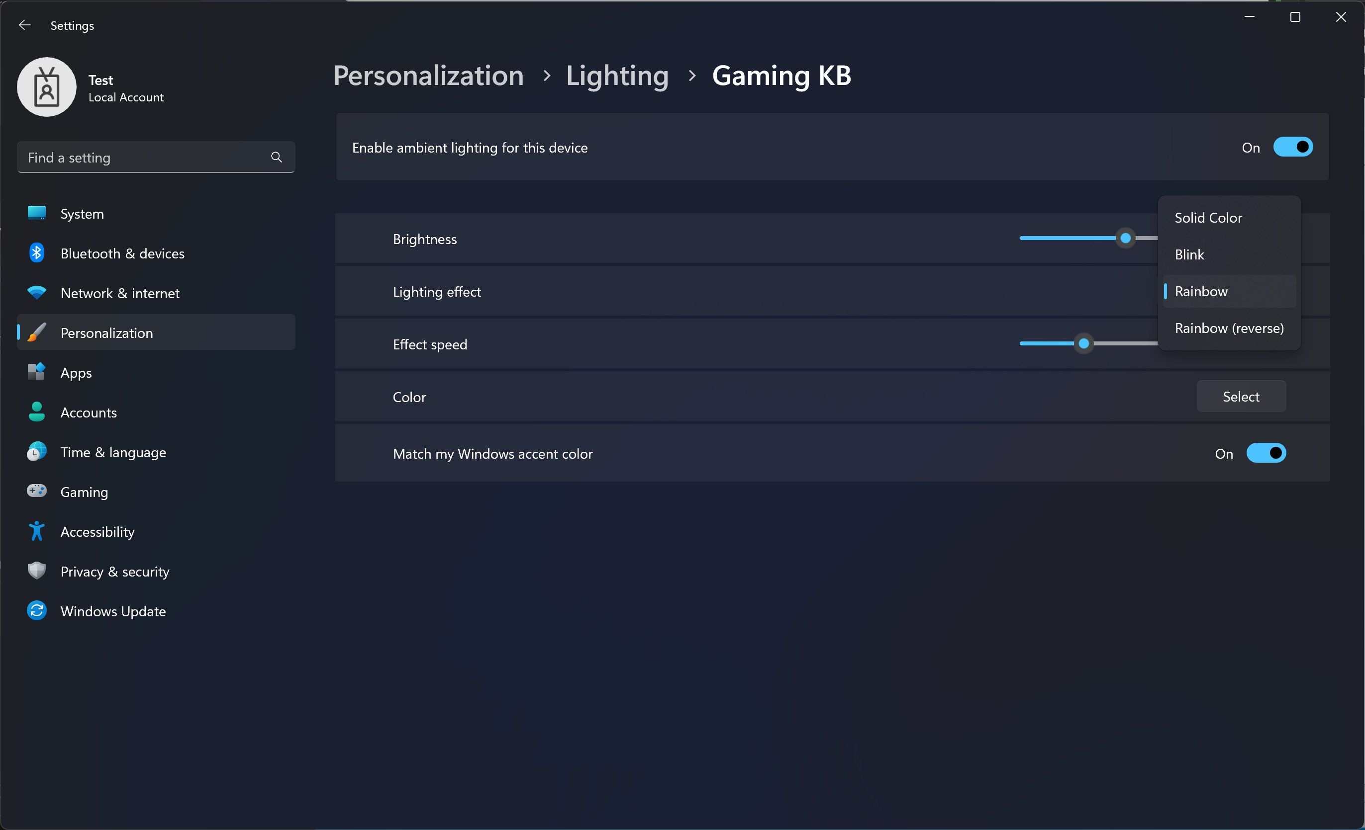 Screenshot of the Windows 11 Settings app showing RGB lighting customization options for a connected keyboard