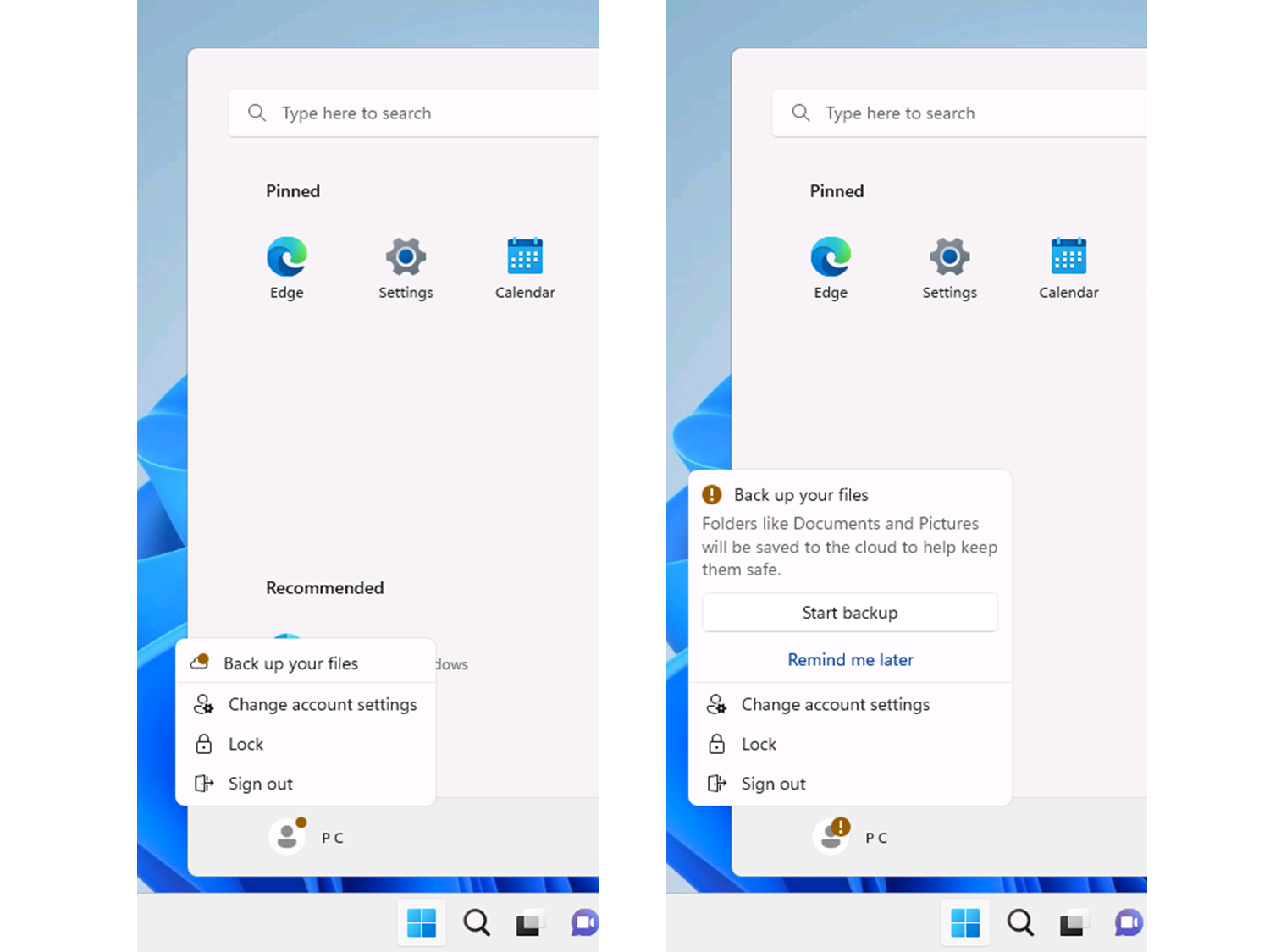 Captura de pantalla de dos enfoques de diseño diferentes que se están probando para las insignias del menú Inicio en Windows 11