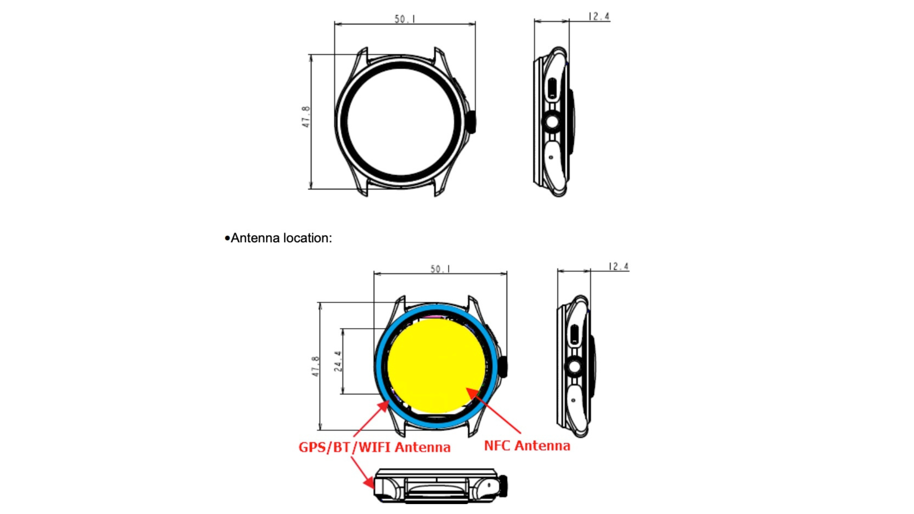 Mobvoi Watch dimensions from the FCC listing showing off the size coming in at 50.1mm