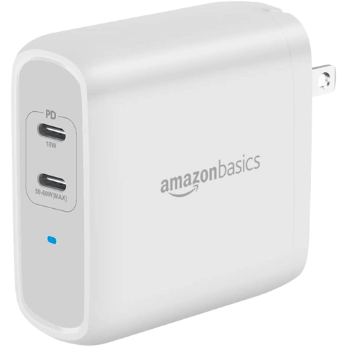 A render of the 68W Amazon Basics two port charger in white color.