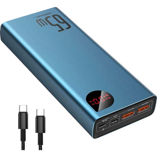 A render of the Baseus 20000mAh 65W power bank along with render of USB-C cable