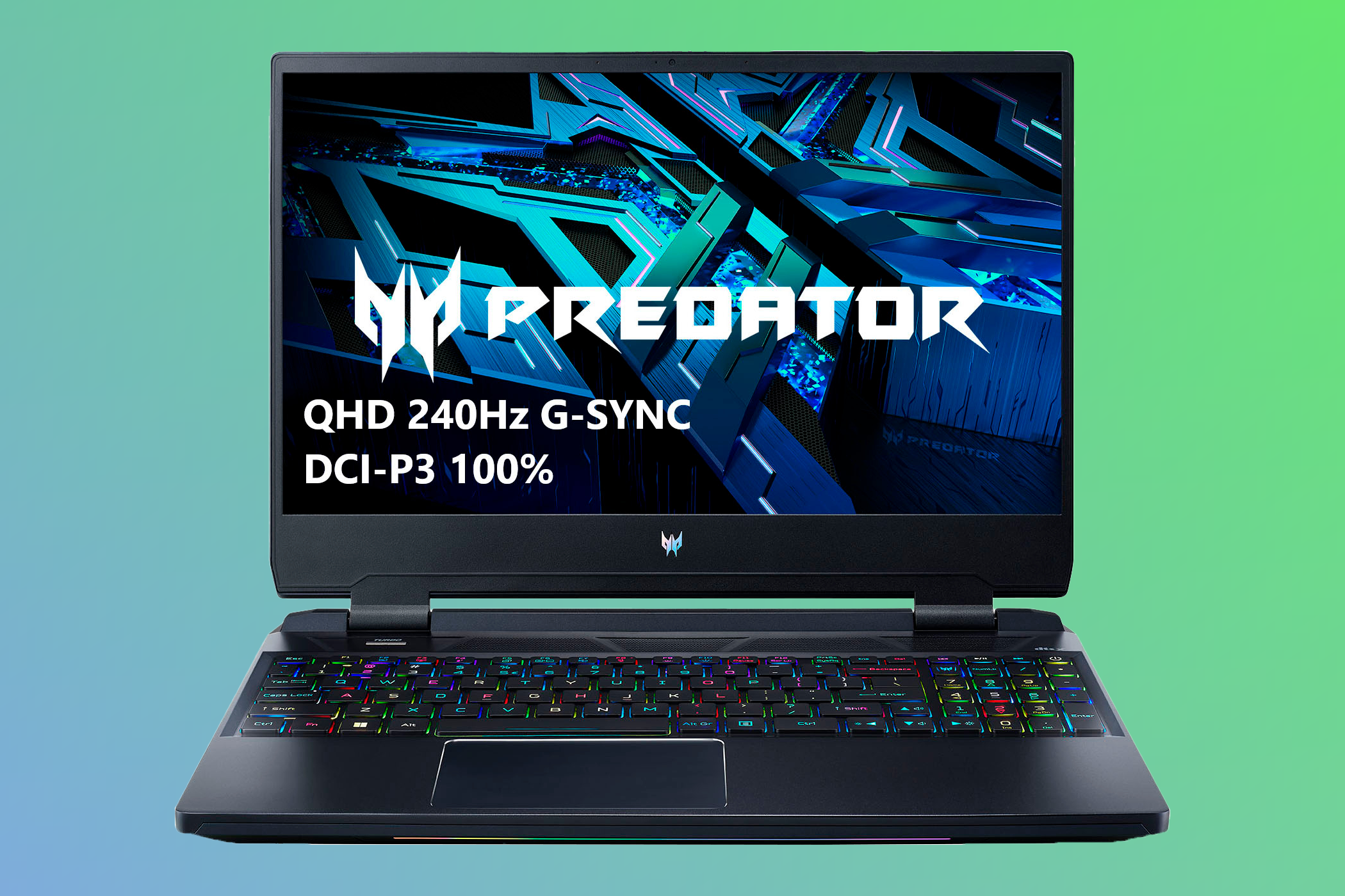 Front view of the Acer Predator Helios 300 laptop over a gradient green and blue background