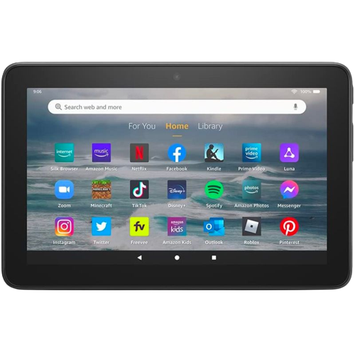 A render of the Amazon Fire 7 tablet in black color.