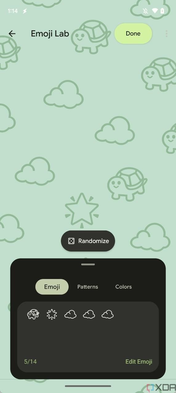 Android 14 Emoji Wallpaper showing a cloud, turtle, and star, along with other emoji options