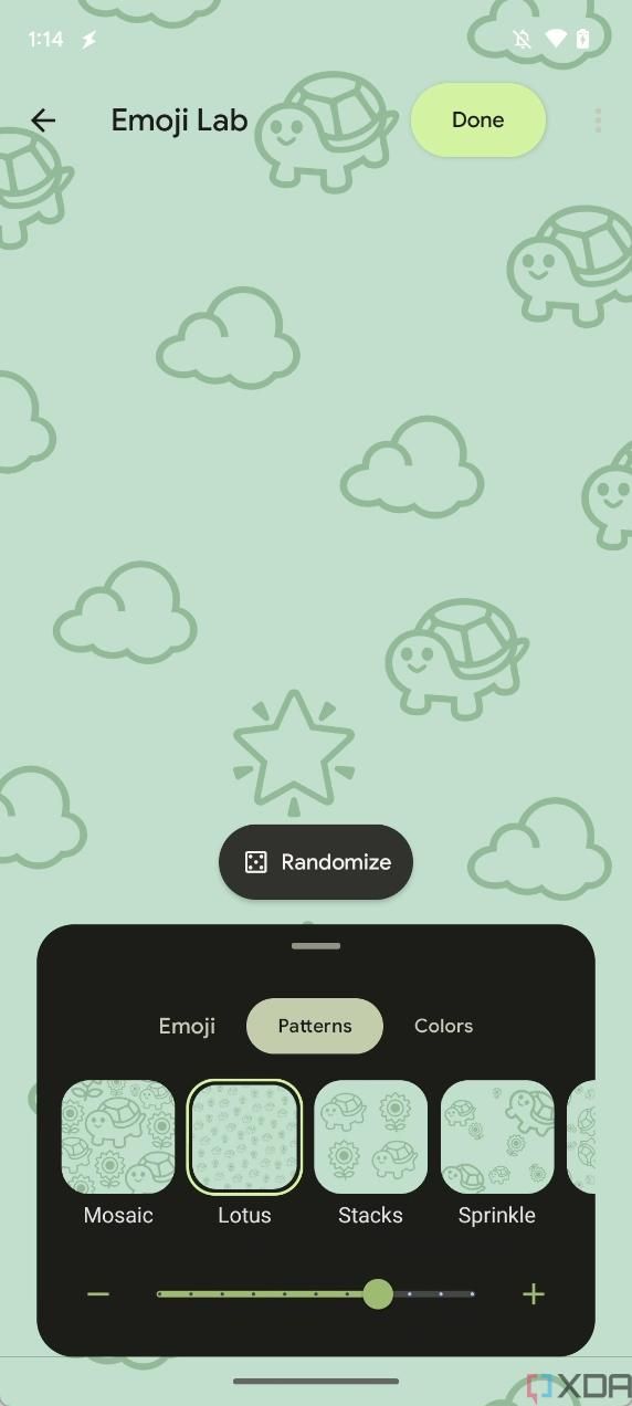 Android 14 Emoji Wallpaper showing a cloud, turtle, and star, along with other pattern options