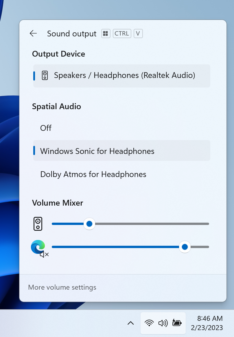 Снимок экрана аудиомикшера в быстрых настройках Windows 11
