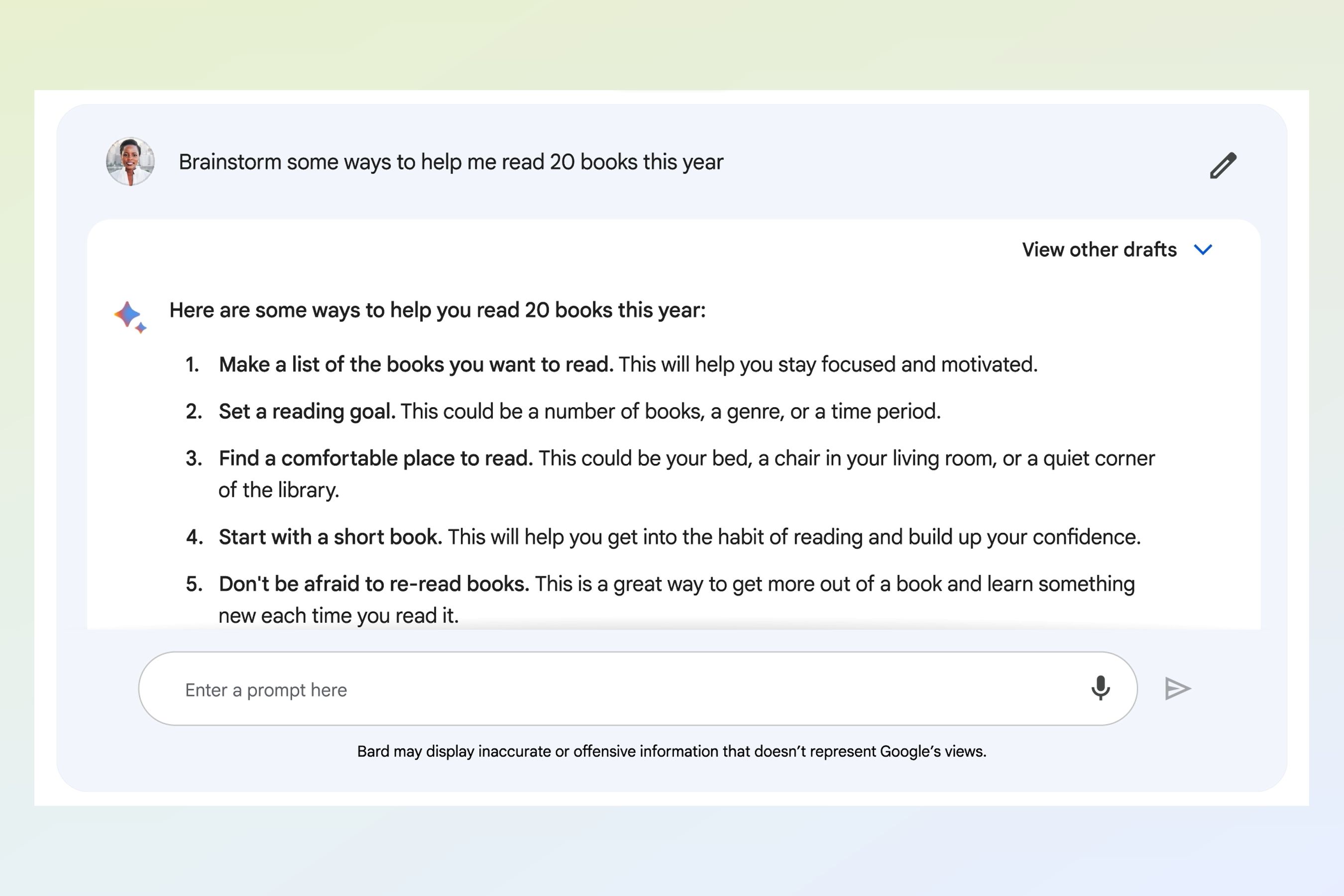 Screenshot of Bard giving a user tips on how to read 20 books in a year