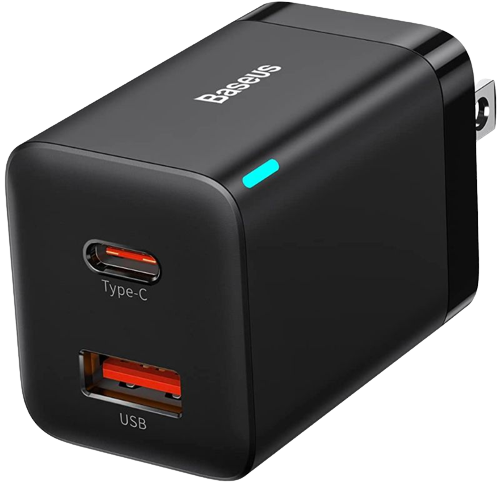 A render of the Baseus 30W dual port charger in black color.
