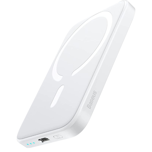 A render of the Baseus MagSafe charger for iPhones in white color.