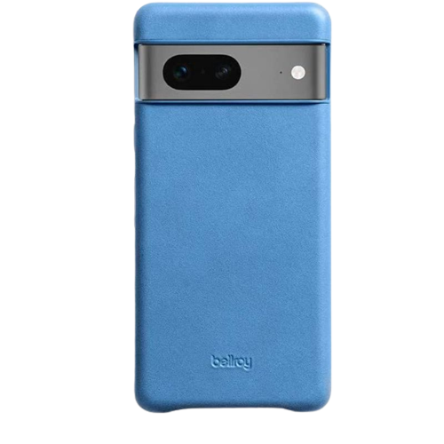 A render of the Bellroy leather case for the Pixel 7 in blue color.