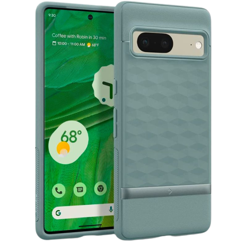 A render of the Caseology Parallax case for Pixel 7 in green color.