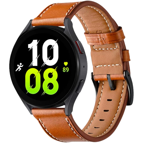 Vista de la correa de cuero clásica del Galaxy Watch 5 en marrón.