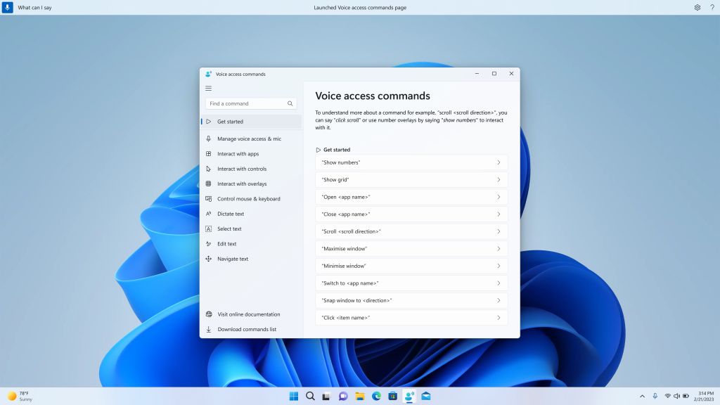 Voice command access command page in Windows 11