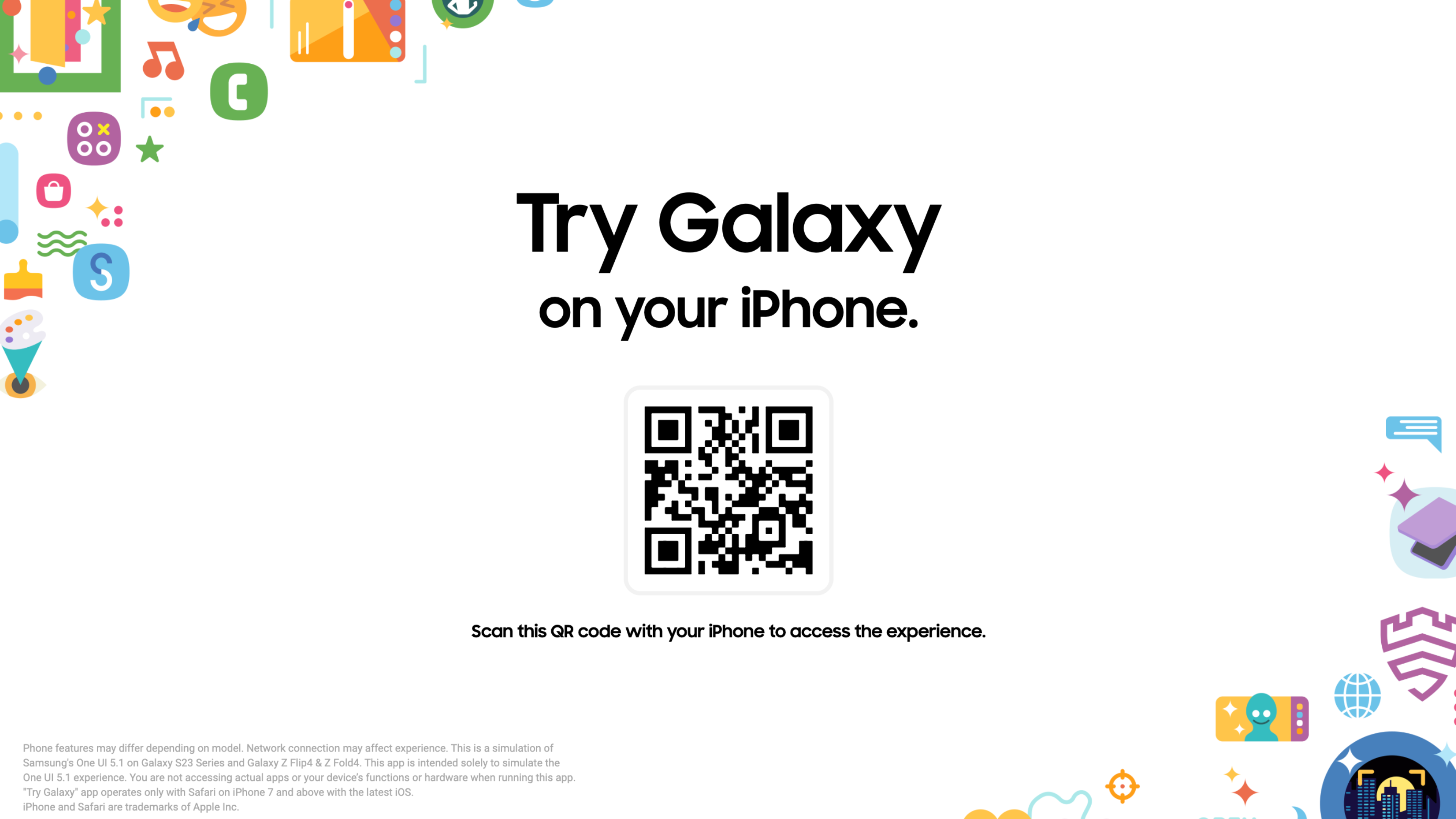 Try Galaxy app QR code page with QR code in the middle and Samsung UI elements on the edges