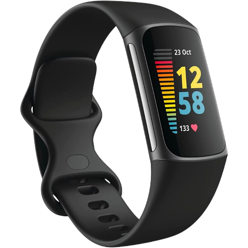 A render of the Fitbit Charge 5 fitness band in black color.