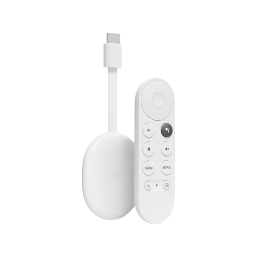 A render of the Google Chromecast HD TV in white color next to its remote.