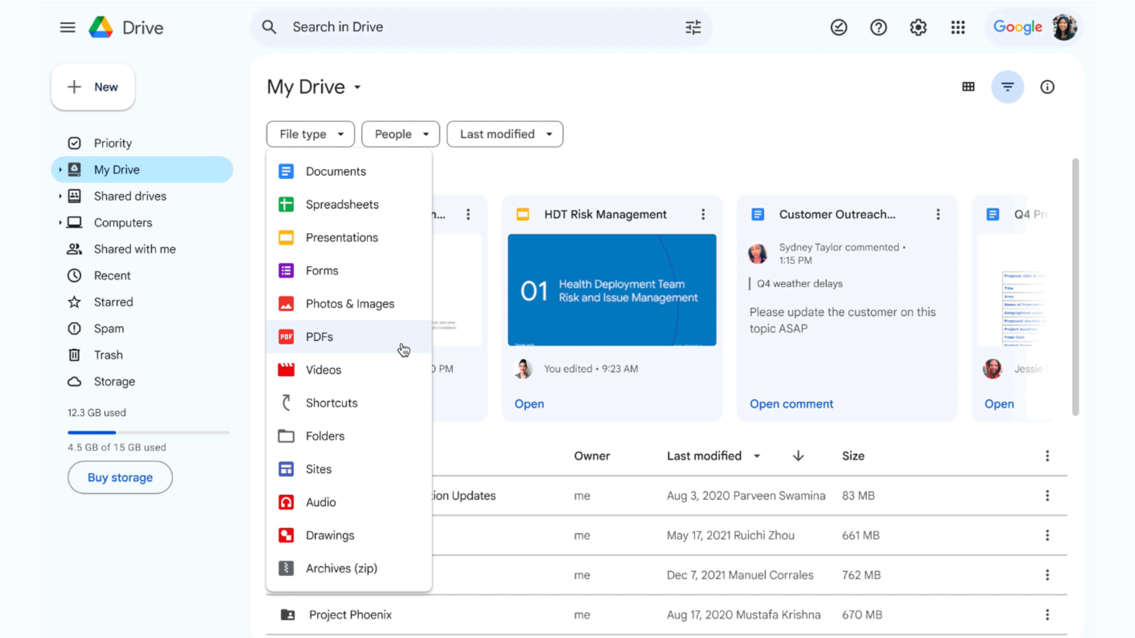 Google Drive con nuevos chips de búsqueda que muestran diferentes filtros de tipos de archivos