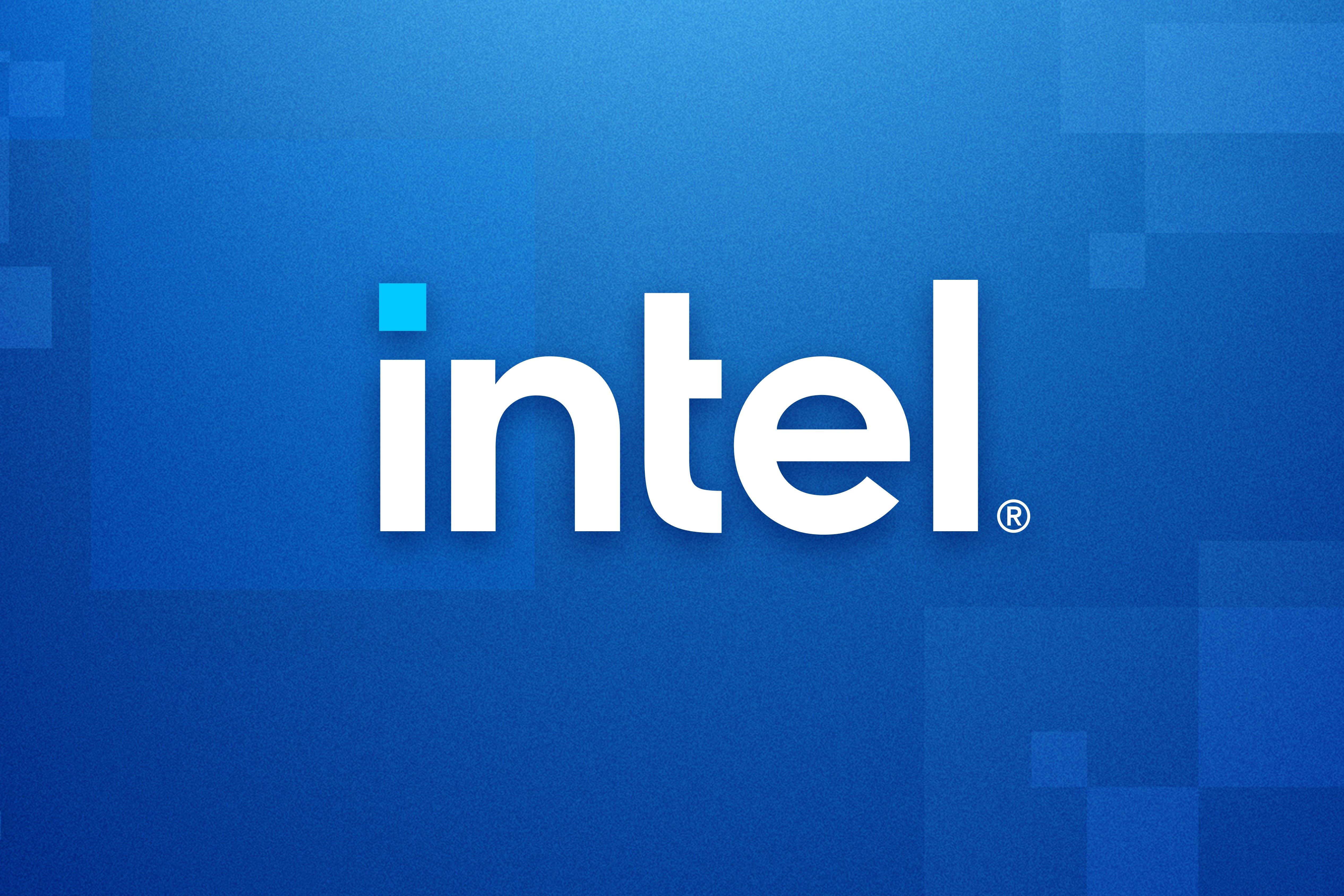 Intel logo on a gradient blue background with squares