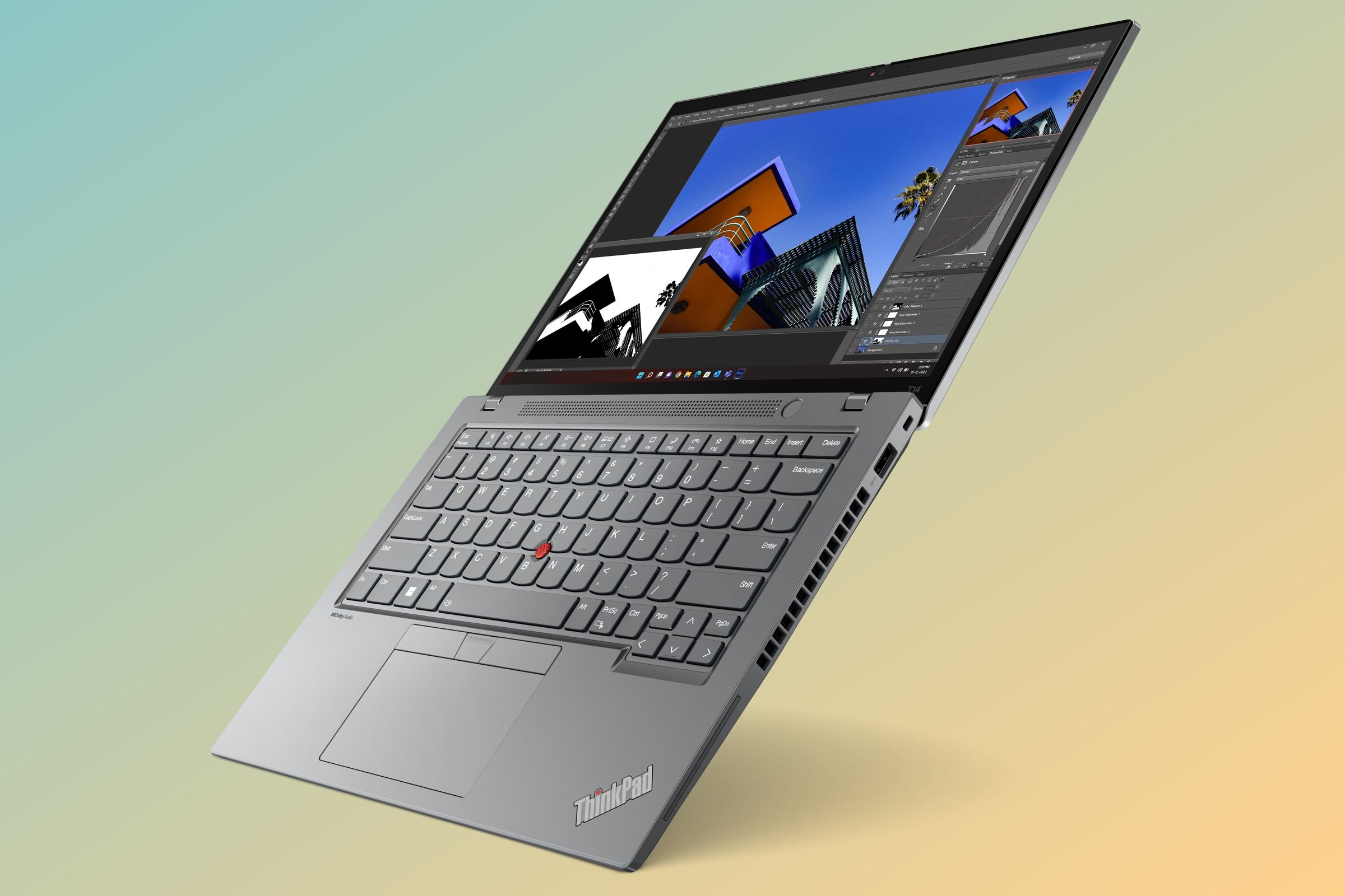 Lenovo ThinkPad T14 Gen 4 angled view Grey blue and orange