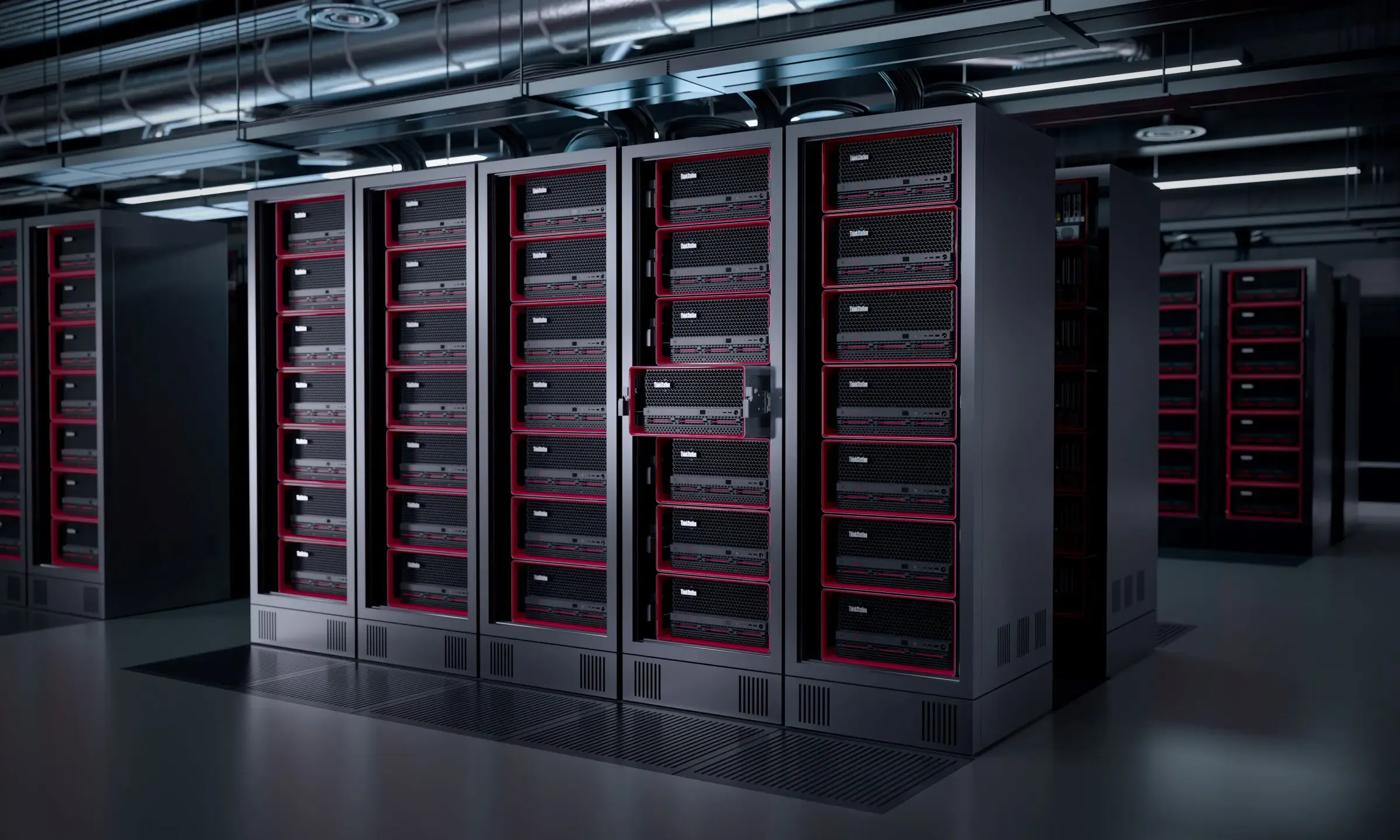 Multiple datacenter racks with Lenovo ThinkStation PX workstations