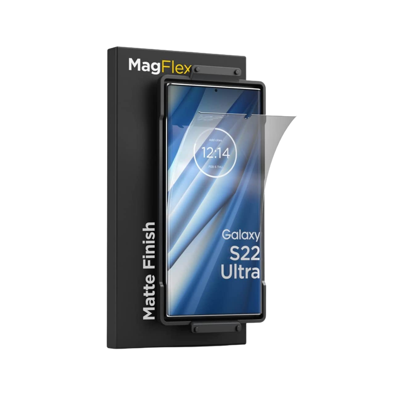Protector de pantalla MagFlex Matte para Galaxy S22 Ultra sobre fondo transparente.