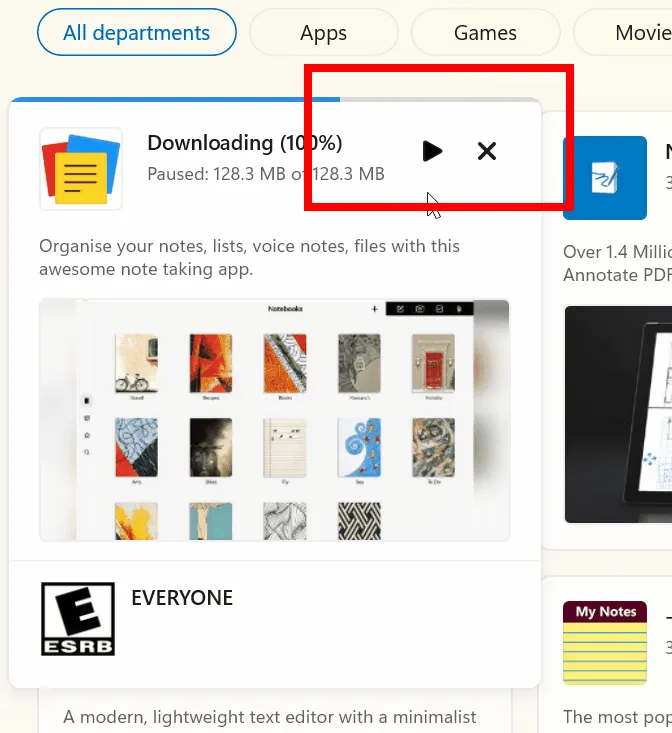 Screenshot of Microsoft Store search results showing installation progress for an app