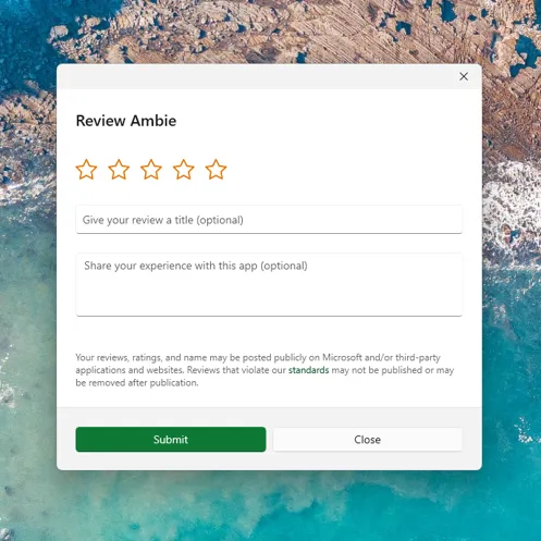 Screenshot of the in-app rating UI on the Microsoft Store