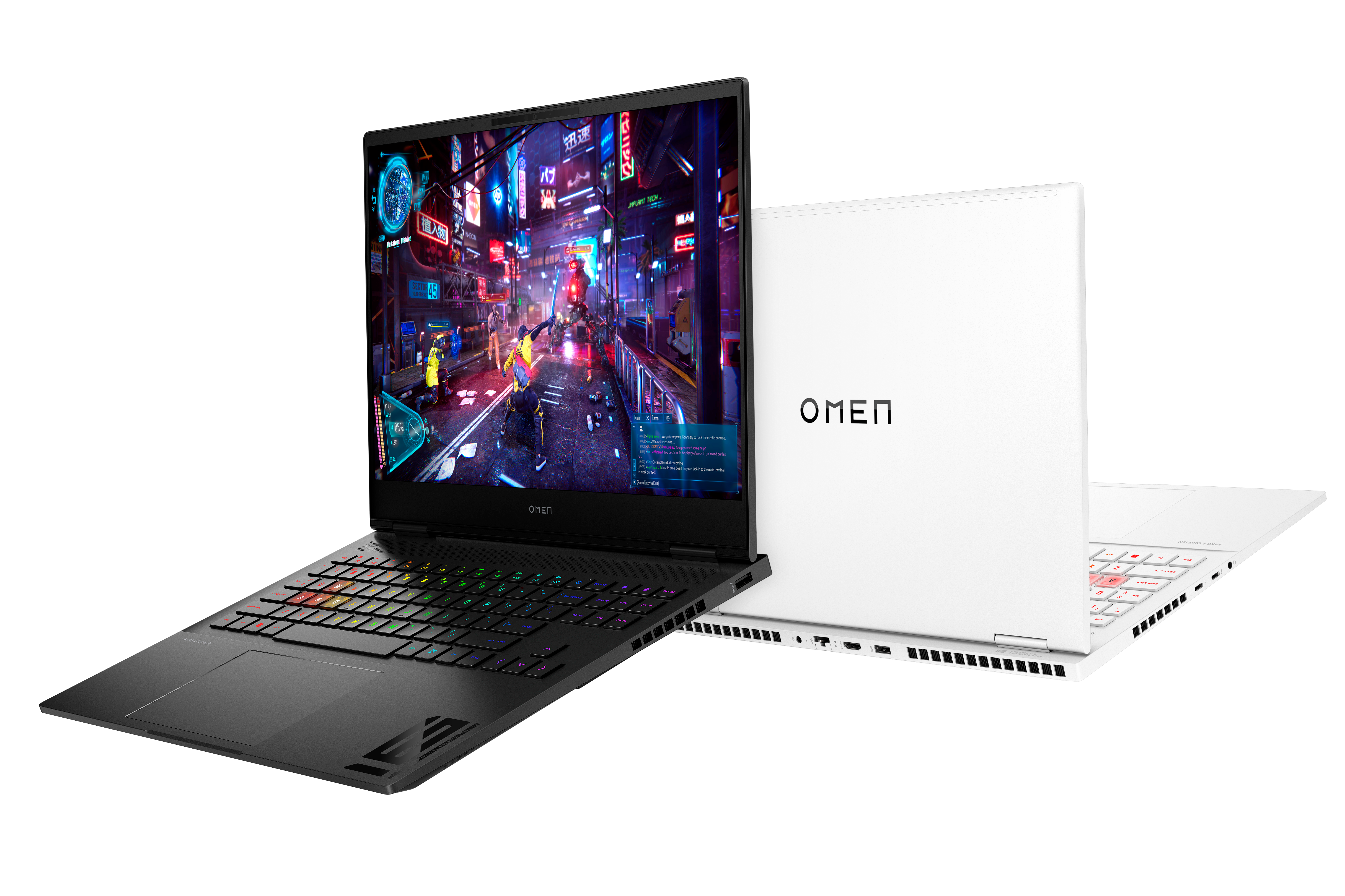 Two Omen Transcend 16 laptops, one in white and one in black