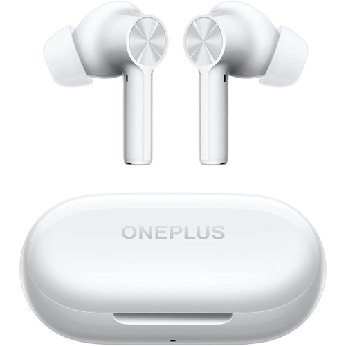 A render of the OnePlus Buds Z2 in white color.