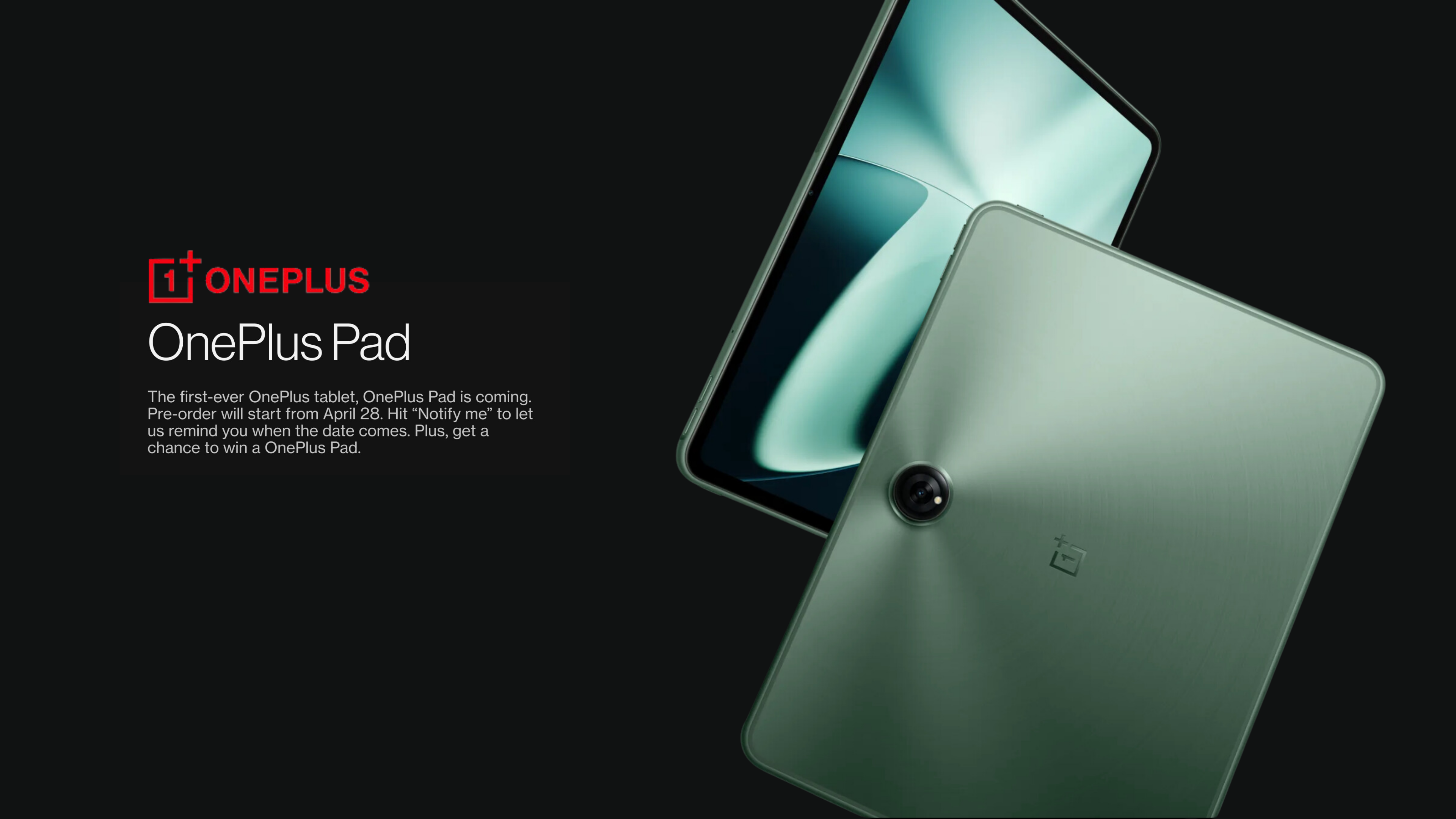 OnePlus Pad on a black background with text explaining that the tablet preorder is coming April 28