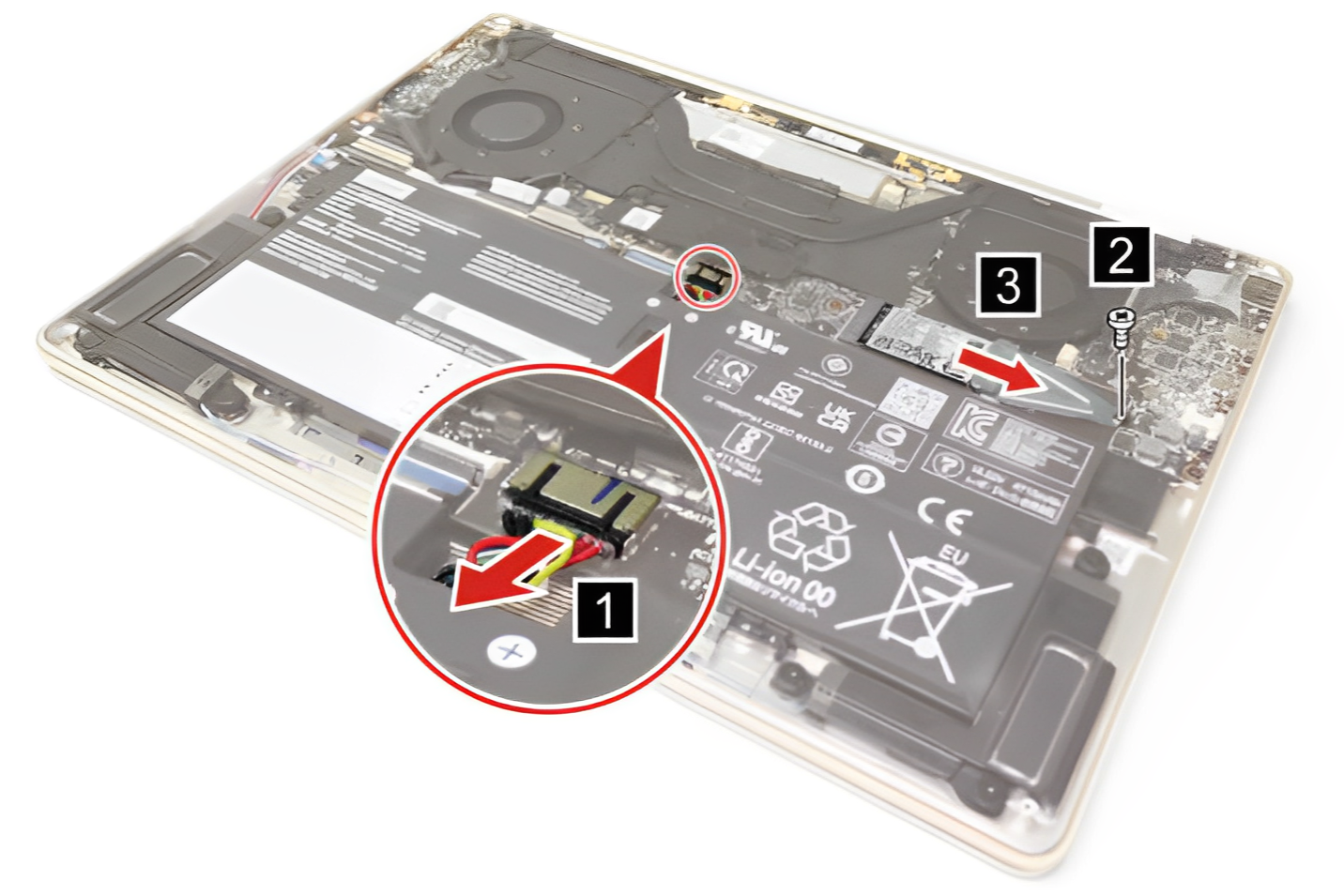 Illustration showing how to disconnect the battery cable and remove the M.2 2242 SSD with bracket from the Lenovo Yoga 9i