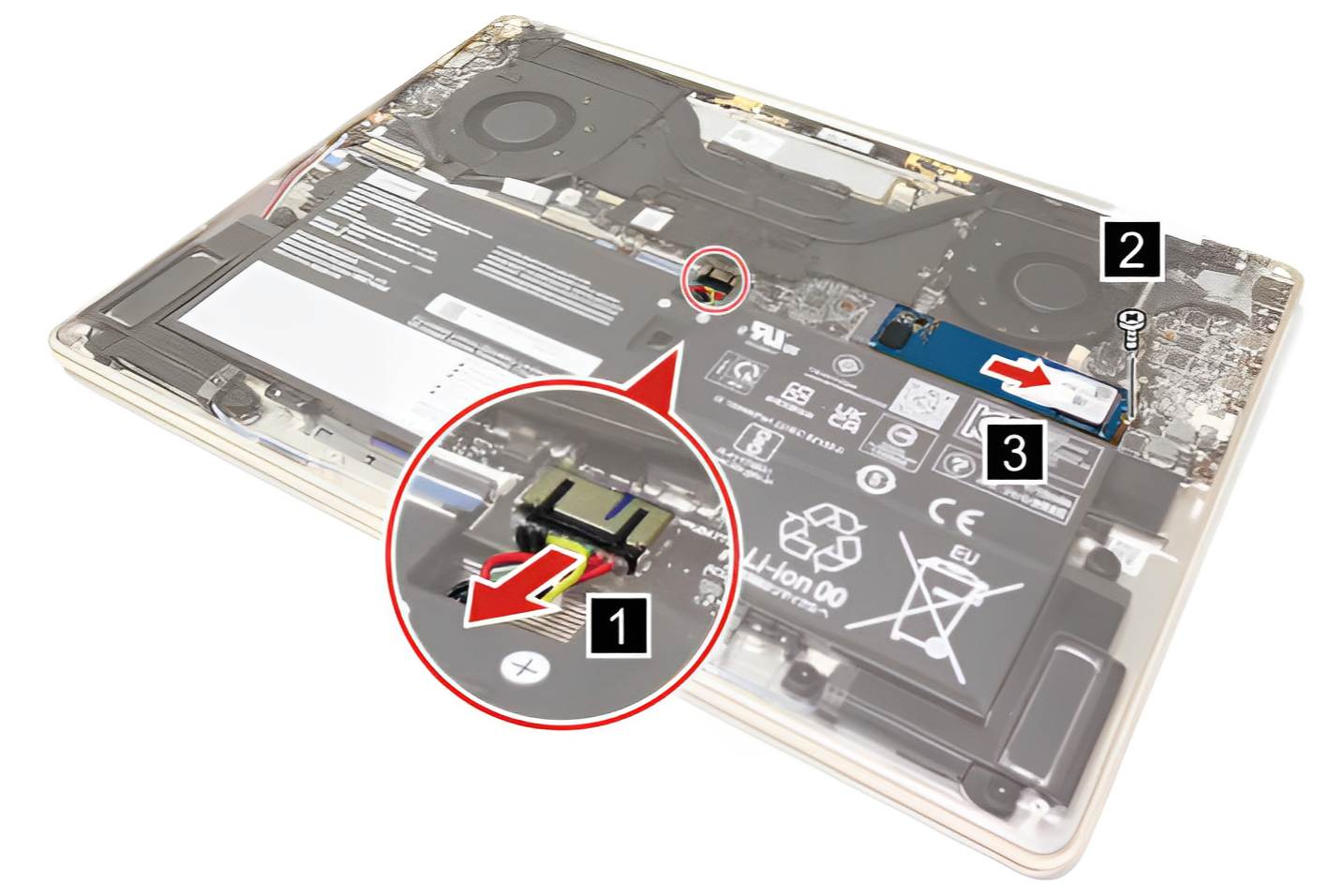 Illustration showing how to disconnect the battery cable and remove the M.2 2280 SSD on Lenovo Yoga 9i