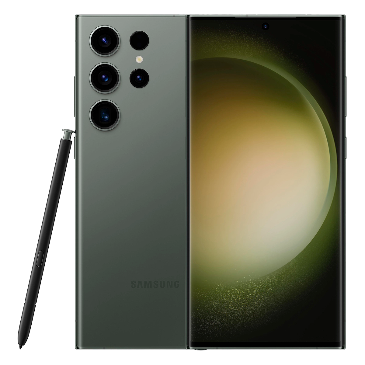 Samsung Galaxy S23 Ultra зеленого цвета с прозрачным фоном, на котором показаны передняя и задняя части телефона со стилусом S Pen.