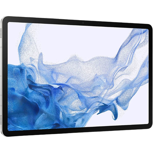 A render of the Samsung Galaxy Tab S8 with a blue-colored wallpaper.