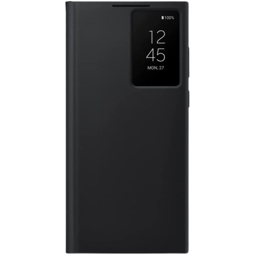 A render of the Samsung S-View flip cover for the Galaxy S22 Ultra in black color.