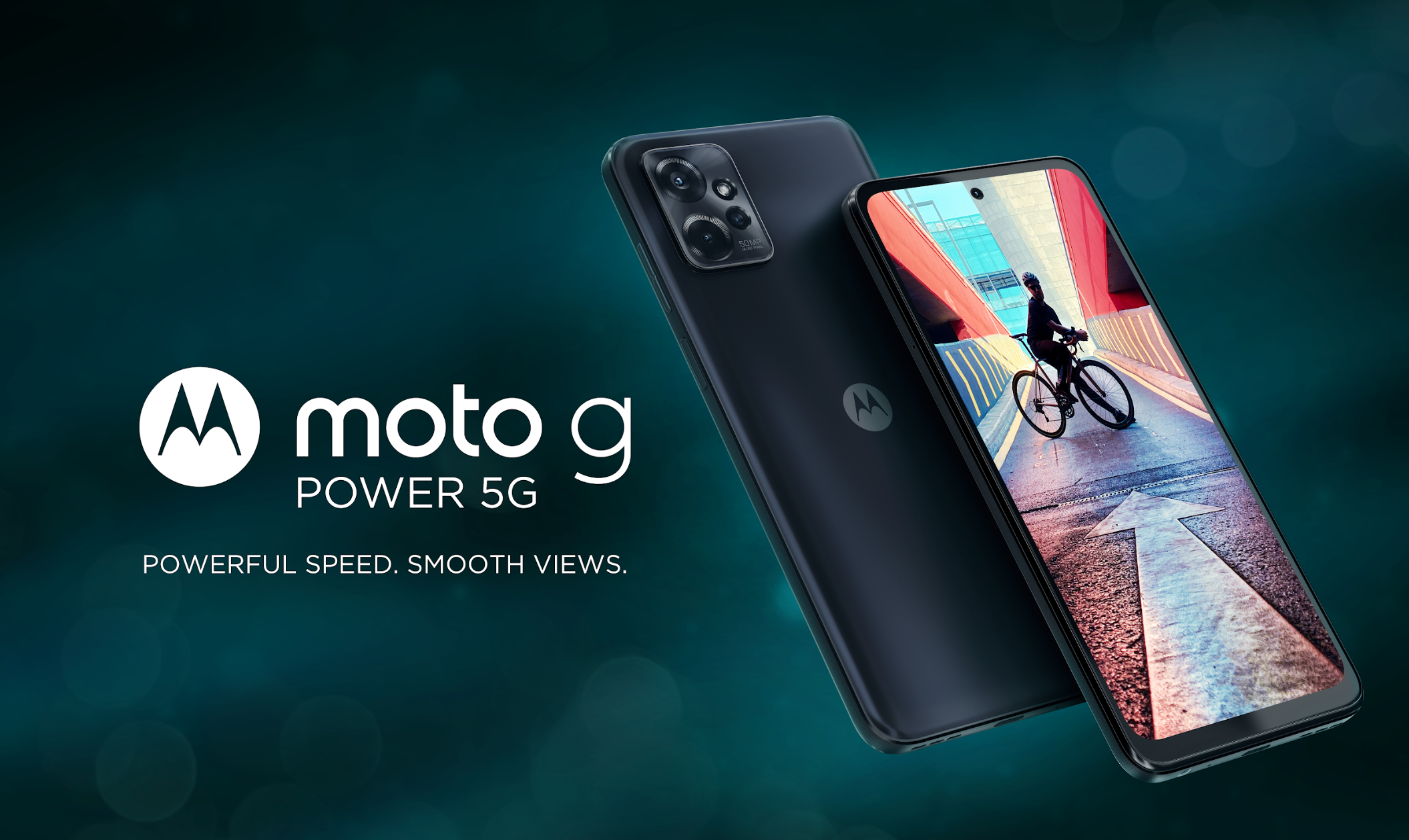 Motorola Moto G Power 5G (2023) with the phone front and back shown floating in the air on gradient background