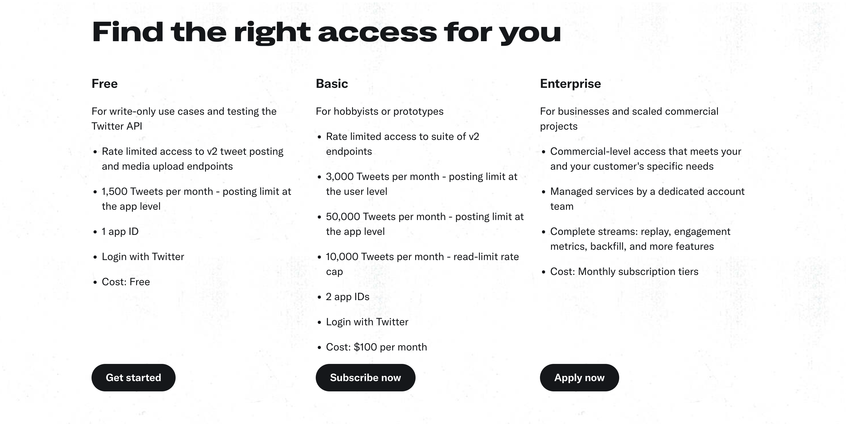 Twitter API price chart showing Free, Basic, Enterprise
