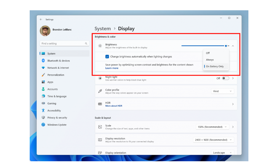 Content Adaptive Brightness Controls on Windows 11