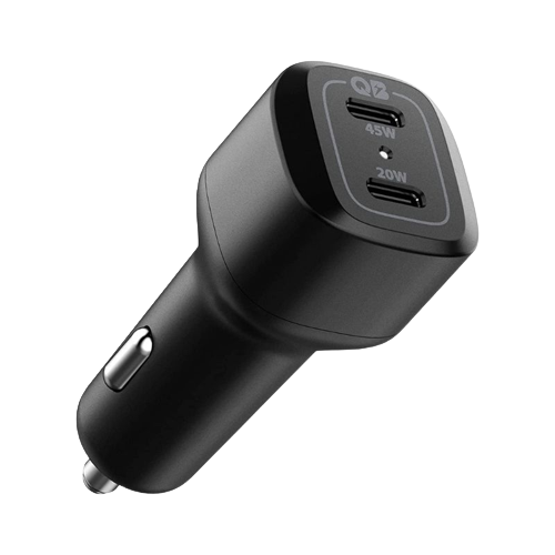 A render of the Spigen 65W dual USB car charger in black color.
