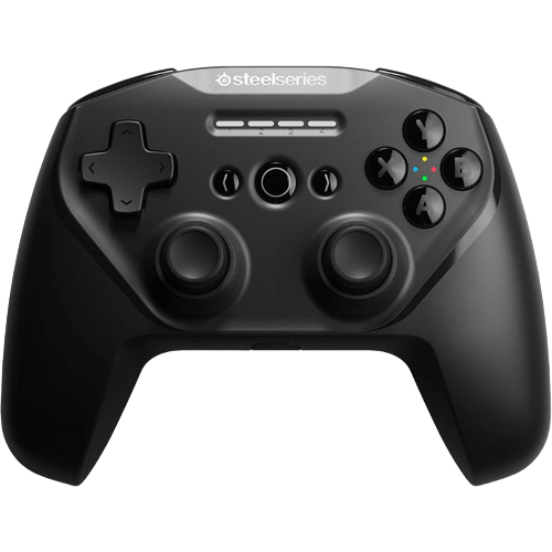 A render of the SteelSeries Stratus Duo game controller in black color.