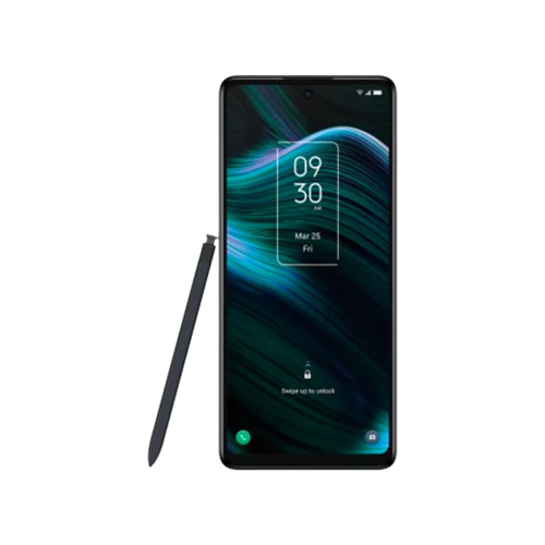 A render of the TCL Stylus 5G in black color with a stylus next to it.